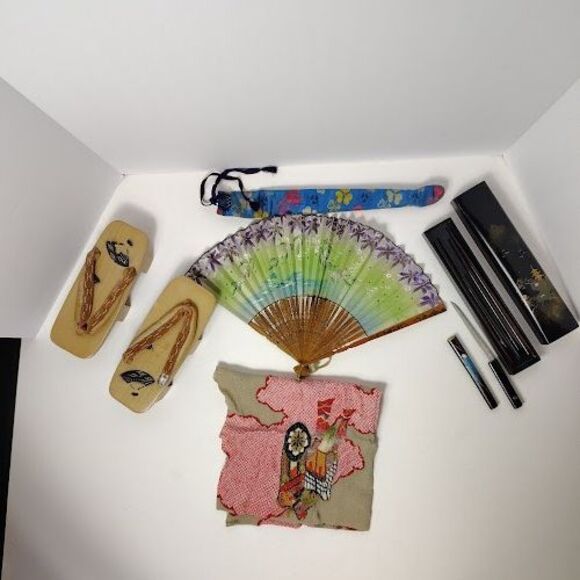 Accessories - Vtg Japanese Geisha Fan Shoes Sandals Hair Pins Protection Sumidagawa Cloth Set